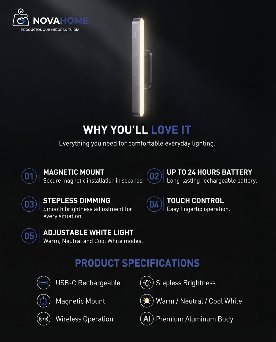 Lámpara LED Magnética Baseus | Luz Recargable USB con Brillo Ajustable